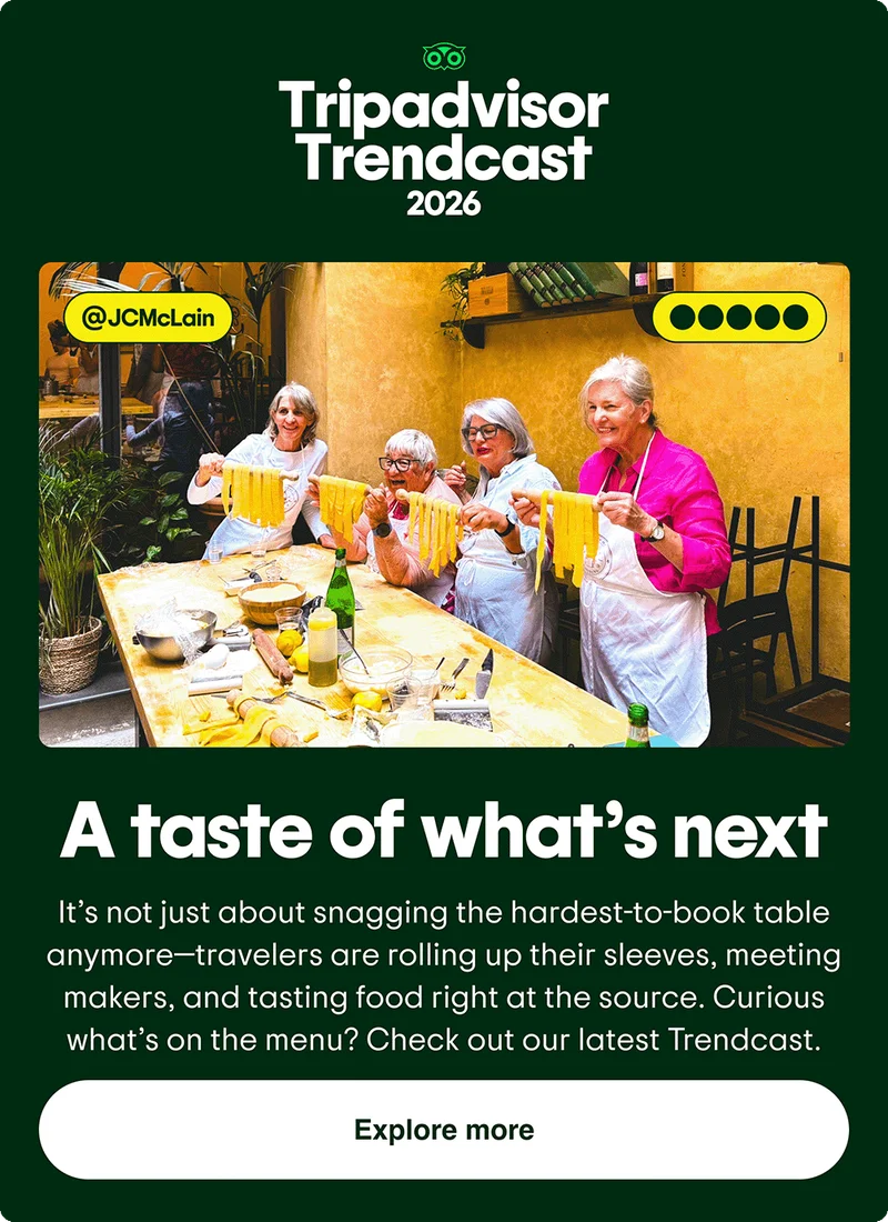 Image description: Four women holding rolling pins draped with fresh pasta, photo taken by @JCMcLain. A taste of what’s next. It’s not just about snagging the hardest-to-book table anymore—travelers are rolling up their sleeves, meeting makers, and tasting food right at the source. Curious what’s on the menu? Check out our latest Trendcast. Explore more