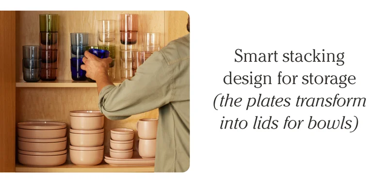 Smart stacking design for storage (the plates transform into lids for bowls)