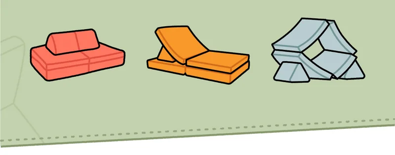 Three illustrated builds of Nuggets in the colors Starfish coral, Brightside orange, and Surfside blue.