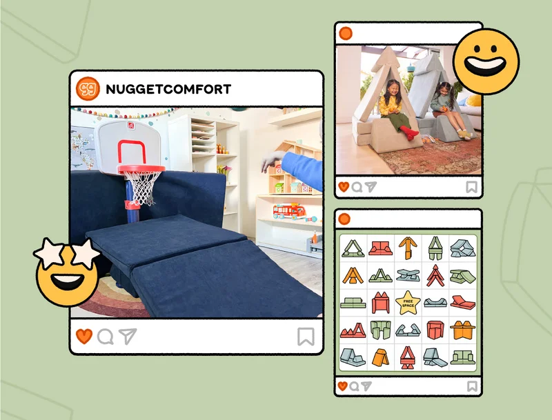 Three illustrated social media posts with Blueridge in a basketball set up, Dunebuggy and Surfside as forts, and a Nugget Bingo sheet with builds instead of numbers.