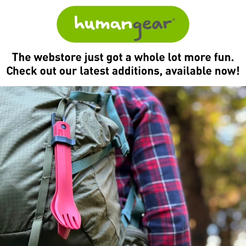 Backpacker with utensils attached to backpack. It reads, "The webstore just got a whole lot more fun. Check out our latest additions, available now!"