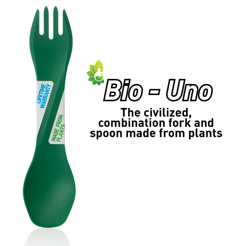 Green spork, reads "Bio - Uno, The civilized combination fork and spoon made from plants."