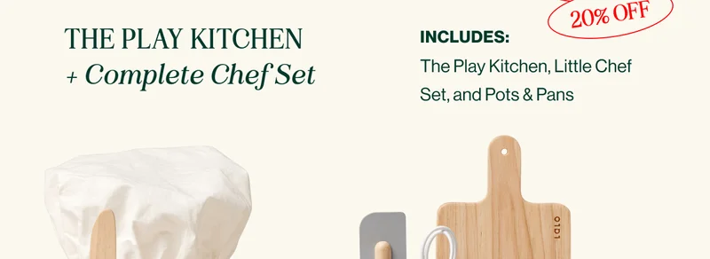 The Play Kitchen  + Complete Chef Set. INCLUDES: The Play Kitchen, Little Chef  Set, and Pots & Pans