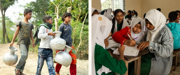 Left: A group of boys carry their water vessels. Right: A group of students in a classroom.