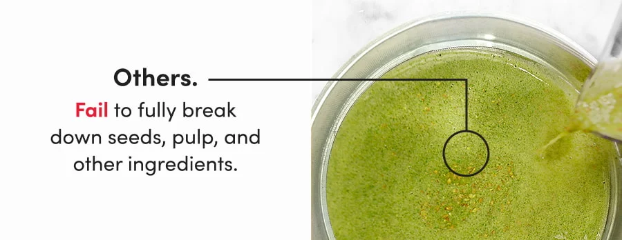 An overhead shot of a green liquid being poured into a metal strainer with a circle highlighting the chunky pieces left behind.
