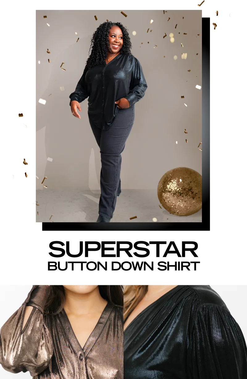 Jaimmy Koroma wearing metallic black shirt with tex SUPERSTAR BUTTON DOWN SHIRT