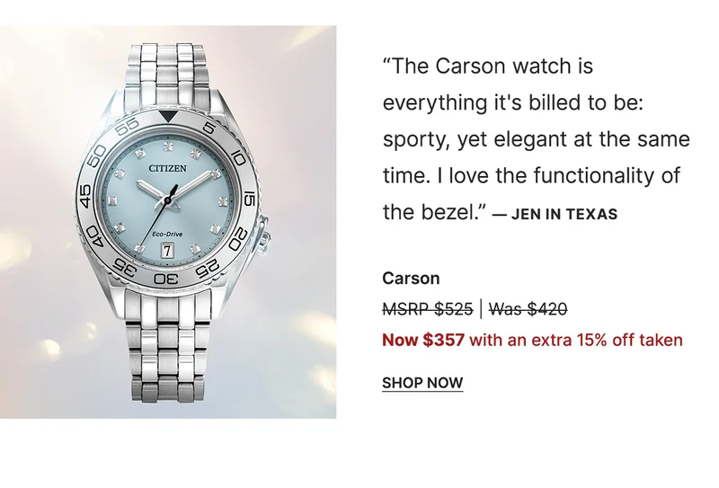 “The Carson watch is everything it's billed to be: sporty, yet elegant at the same time. I love the functionality of the bezel.” — Jen in Texas | Carson - Now $357