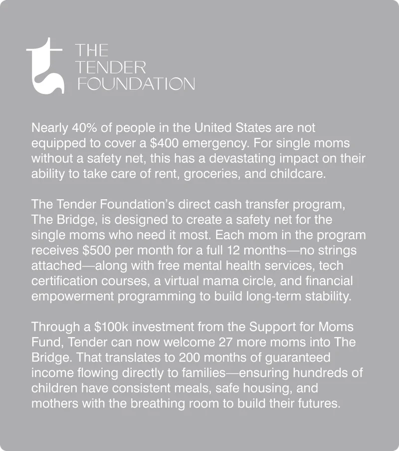 THE TENDER FOUNDATION Nearly 40% of people in the United States are not equipped to cover a $400 emergency. For single moms without a safety net, this has a devastating impact on their ability to take care of rent, groceries, and childcare.&nbsp; &nbsp; The Tender Foundation’s direct cash transfer program, The Bridge, is designed to create a safety net for the single moms who need it most. Each mom in the program receives $500 per month for a full 12 months—no strings attached—along with free mental health services, tech certification courses, a virtual mama circle, and financial empowerment programming to build long-term stability.&nbsp;  Through a $100k investment from the Support for Moms Fund, Tender can now welcome 27 more moms into The Bridge. That translates to 200 months of guaranteed income flowing directly to families—ensuring hundreds of children have consistent meals, safe housing, and mothers with the breathing room to build their futures.
