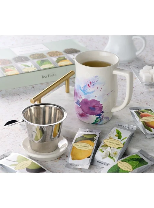 Tea Forte 15 ct Single Steep Teas with Fiore Steeping Mug