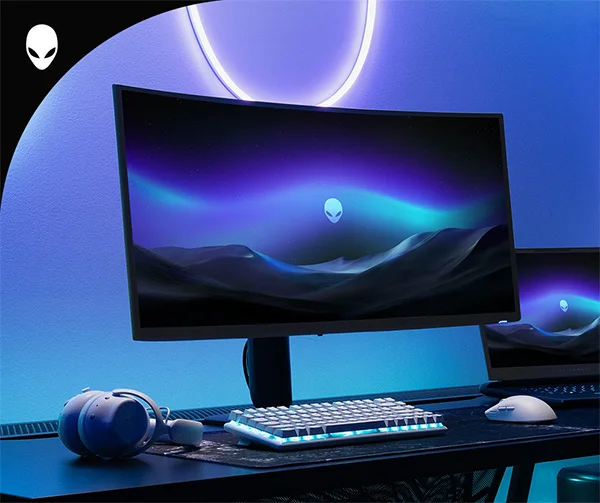 The Alienware Area 51 16 Gaming Laptop in a dark gaming setup and ecosystem featuring the AW Pro Mouse, AW Pro Keyboard, AW Pro Headset, and aw3425dqw