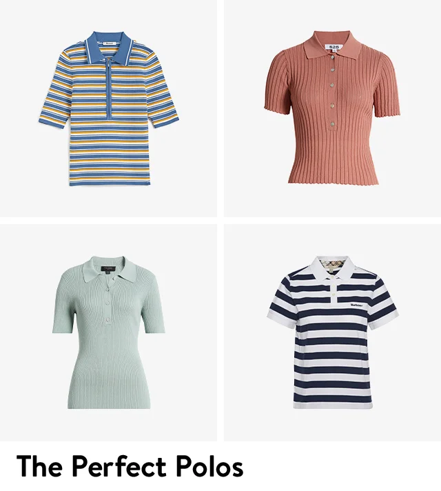 An assortment of women's knit polo shirts.