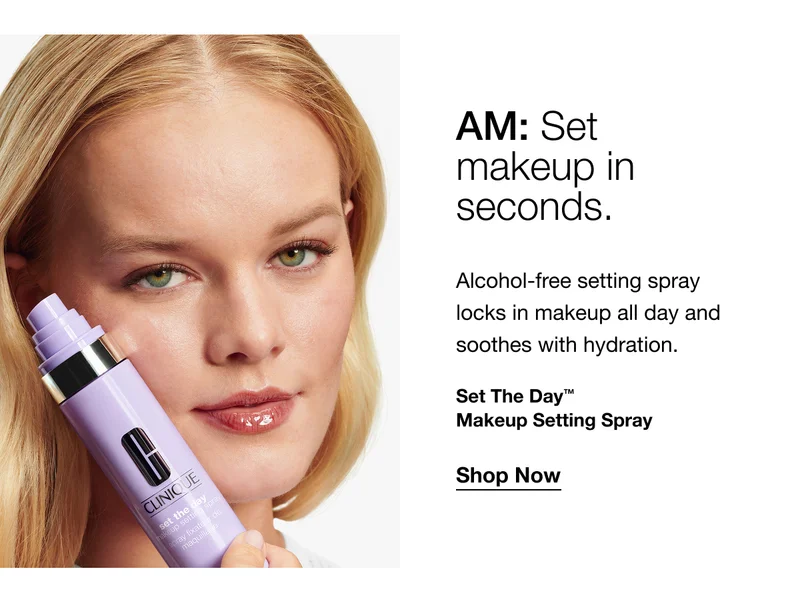 AM: Set makeup in seconds. | Alcohol-free setting spray locks in makeup all day and soothes with hydration. | Set The Day™ Makeup Setting Spray | Shop Now