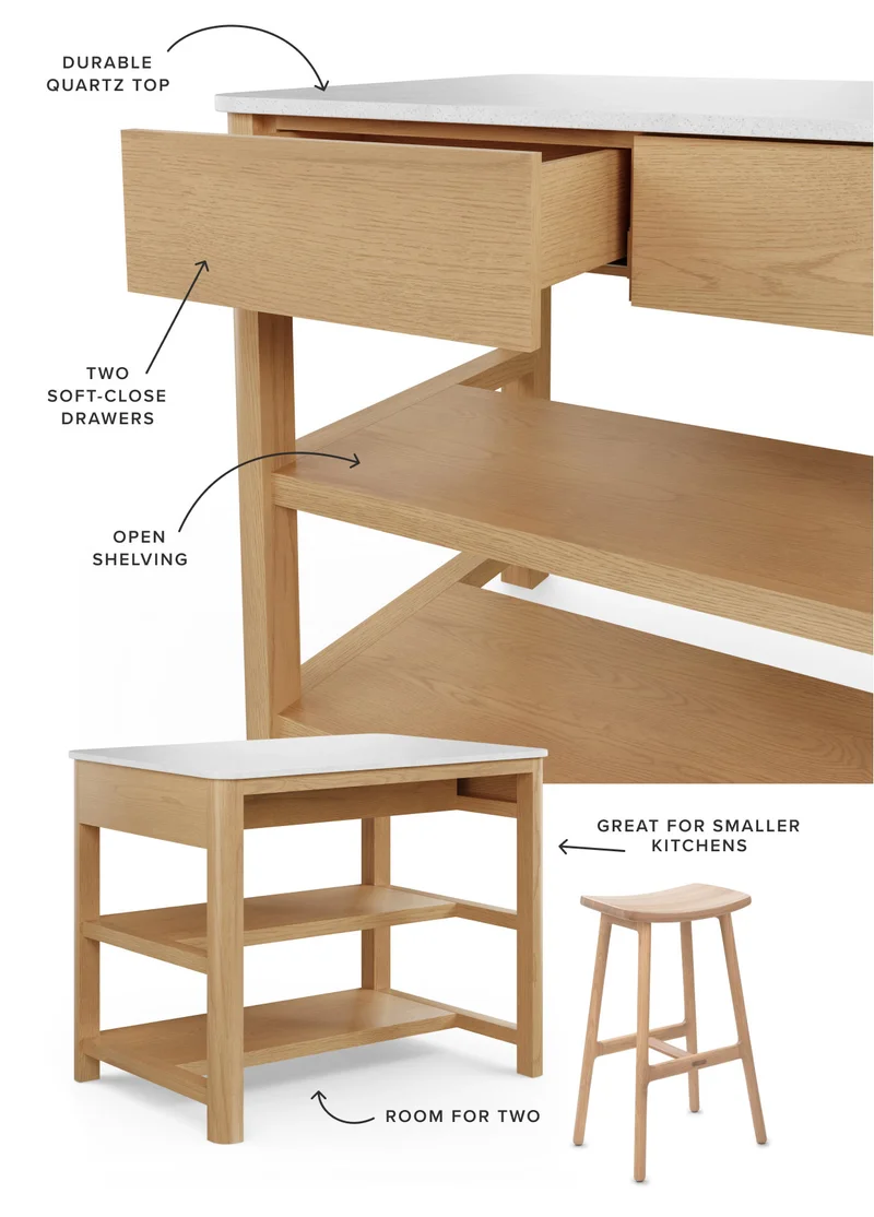 Durable quartz top, Two soft-close drawers, Open shelving, Great for smaller kitchens, Room for two.