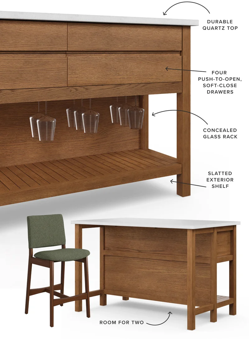 Durable quartz top, Four push-to-open soft-close drawers, Slatted exterior shelf, Concealed glass rack, and room for two.