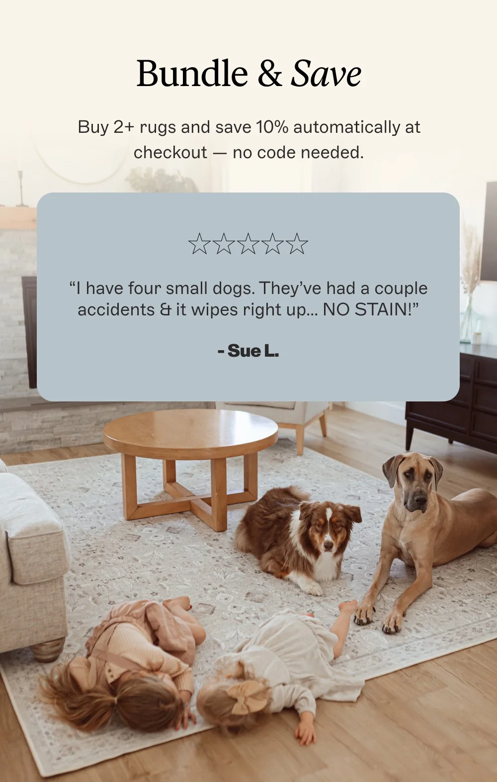 Bundle & Save Buy 2+ rugs and save 10% automatically at checkout — no code needed. “I have four small dogs. They’ve had a couple accidents & it wipes right up… NO STAIN!” - Sue L.