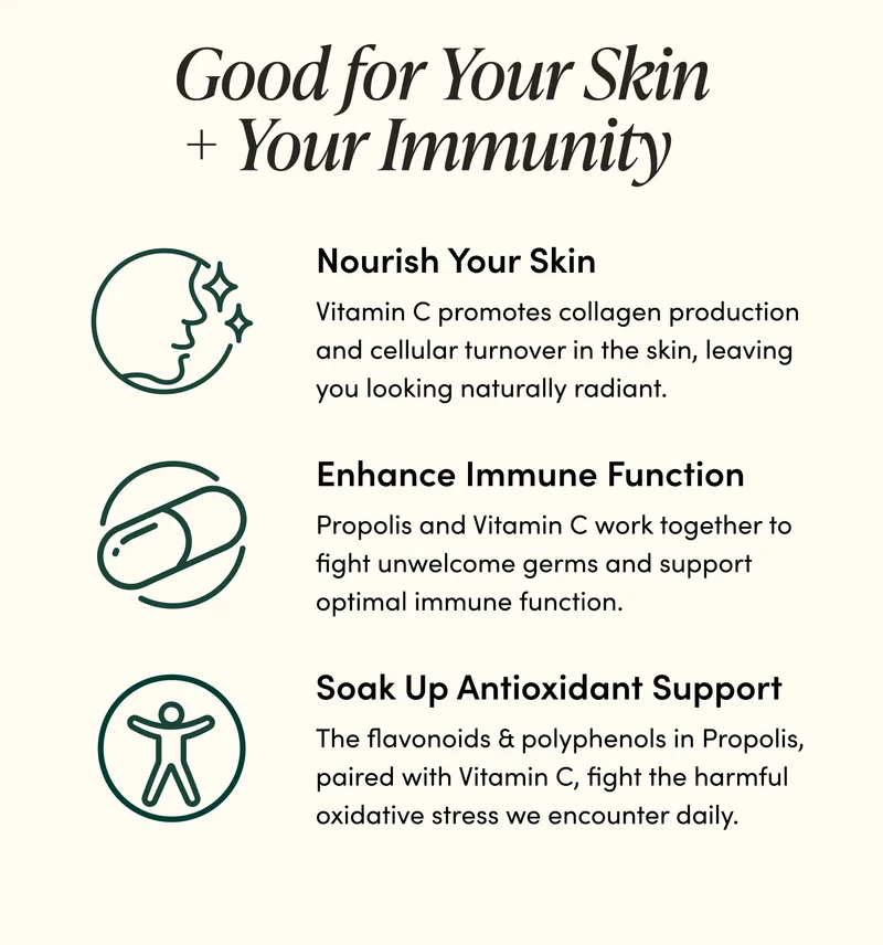 Good for Your Skin + Your Immunity    Nourish Your Skin       Vitamin C promotes collagen production and cellular turnover in the skin, leaving you looking naturally radiant.     Enhance Immune Function      Propolis and Vitamin C work together to fight unwelcome germs and support optimal immune function.    Soak Up Antioxidant Support     The flavonoids & polyphenols in Propolis, paired with Vitamin C, fight the harmful oxidative stress we encounter daily.