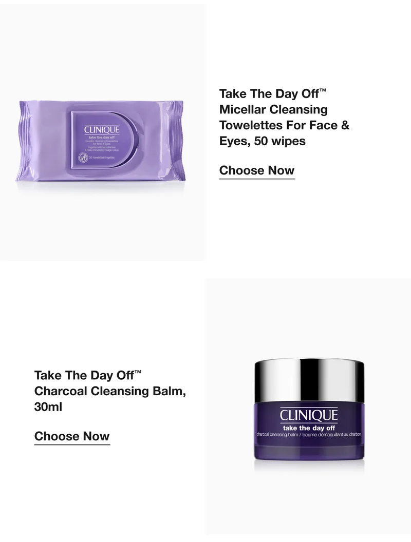 Take The Day Off™ Micellar Cleansing Towelettes For Face & Eyes, 50 wipes | Choose Now | Take The Day Off™ Charcoal Cleansing Balm, 30ml | Choose Now