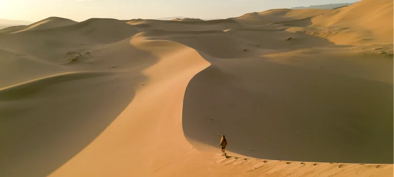 A solo figure walks along a sand dune
