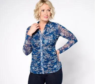 Susan Graver Printed Mesh Long-Sleeve Button-Front Top
