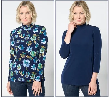 Susan Graver Set of 2 Print & Solid Liquid Knit Mock Neck Tops