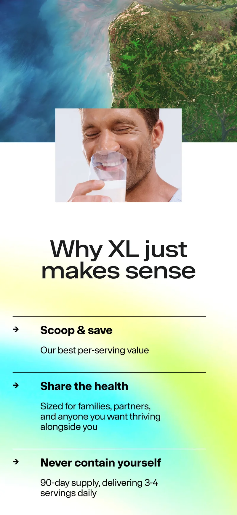 Lifestyle image of a person drinking ARMRA with text explaining why the XL size offers better value, sharing, and a 90-day supply.