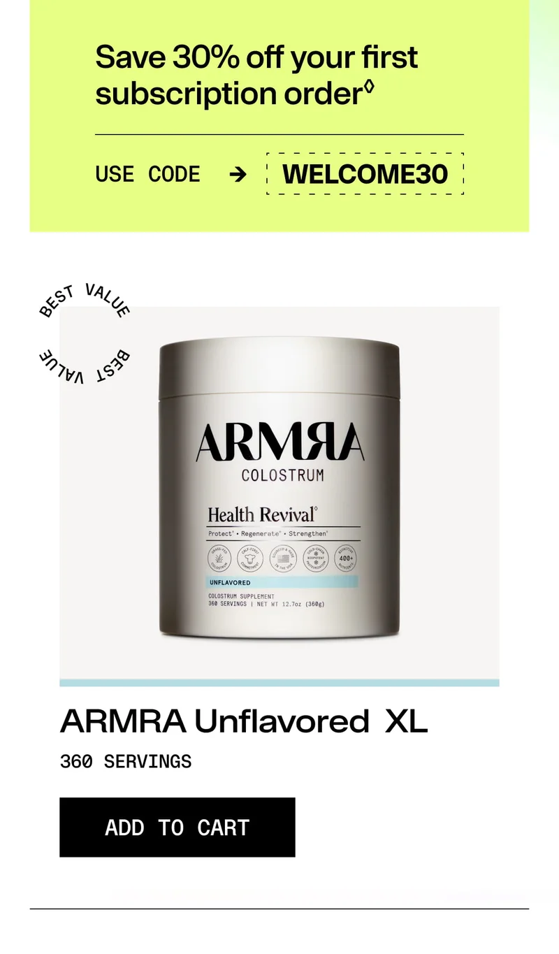 Product shot of ARMRA Unflavored XL Colostrum jar labeled 360 servings with an “Add to Cart” call-to-action.