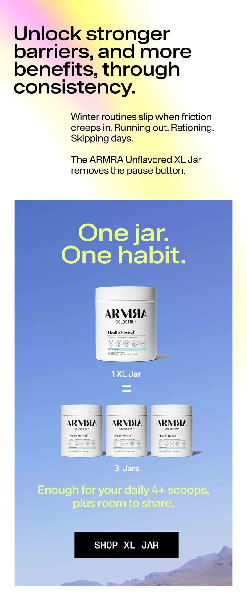 Marketing graphic explaining the ARMRA Unflavored XL Jar, emphasizing consistency and showing one XL jar equals three regular jars.