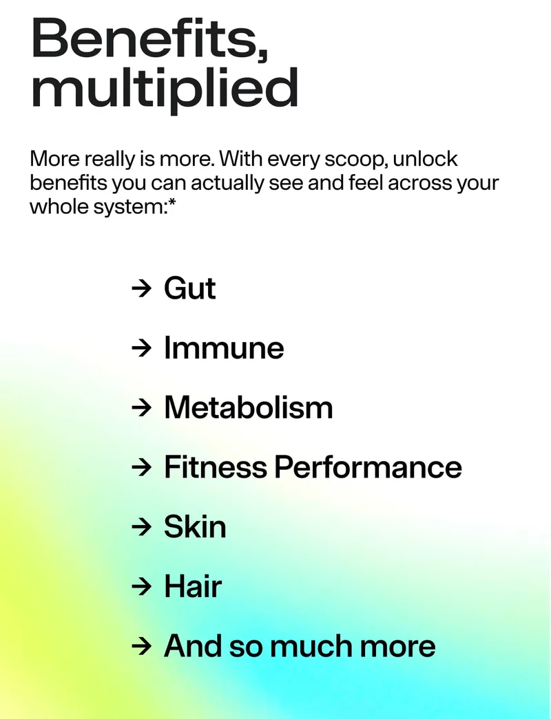 Text-based graphic listing benefits of ARMRA Colostrum, including gut, immune, metabolism, fitness performance, skin, and hair support.