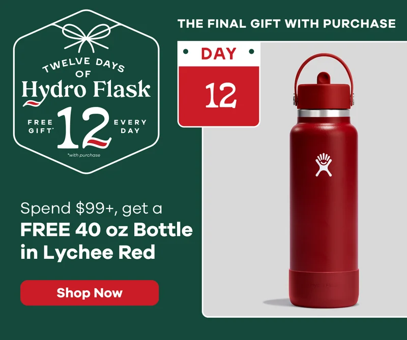 12 Days of Hydro Flask.  Spend $99+, get a FREE 40 oz Bottle in Lychee Red | Shop Now