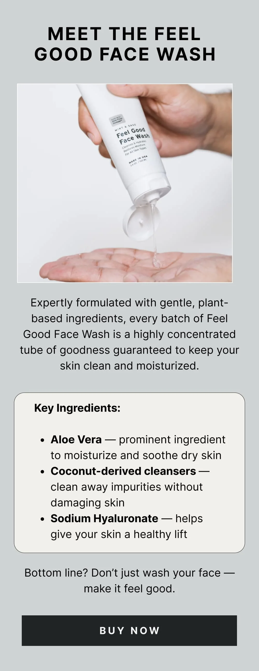 Meet Feel Good Face Wash Expertly formulated with gentle, plant-based ingredients, every batch of Feel Good Face Wash is a highly concentrated tube of goodness guaranteed to keep your skin clean and moisturized.  Key Ingredients: Aloe Vera — prominent ingredient to moisturize and soothe dry skin Coconut-derived cleansers — clean away impurities without damaging skin Sodium Hyaluronate — helps give your skin a healthy lift  Bottom line? Don’t just wash your face — make it feel good.  [ BUY NOW ]