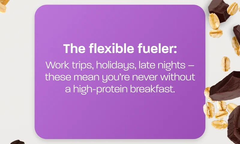 The flexible fueler: Work trips, holidays, late nights – these mean you’re never without a high-protein breakfast.