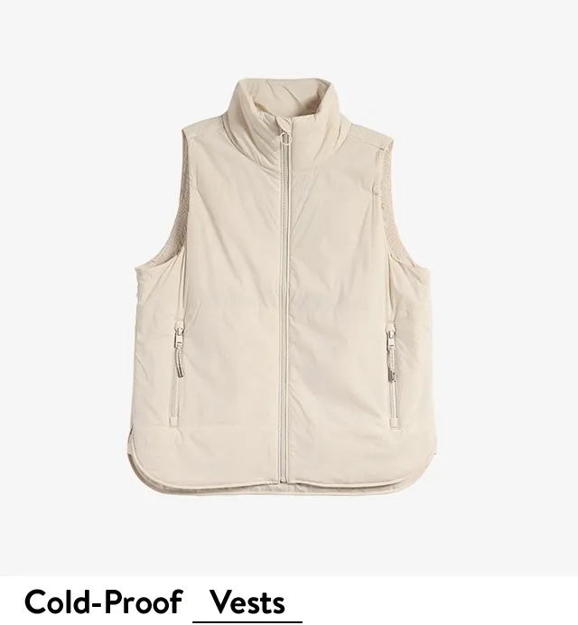 A white insulated vest, taupe puffer jacket and quilted teal jacket.
