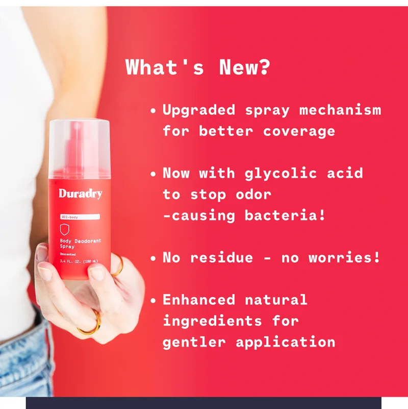 What's New?  Upgraded spray mechanism for better coverage  Now with glycolic acid to stop odor -causing bacteria!  No residue - no worries!  Enhanced natural ingredients for  gentler application