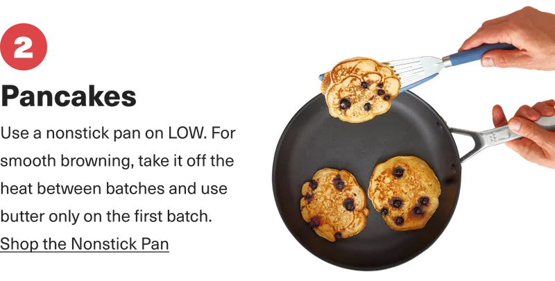 Blueberry pancakes in a Misen nonstick pan.