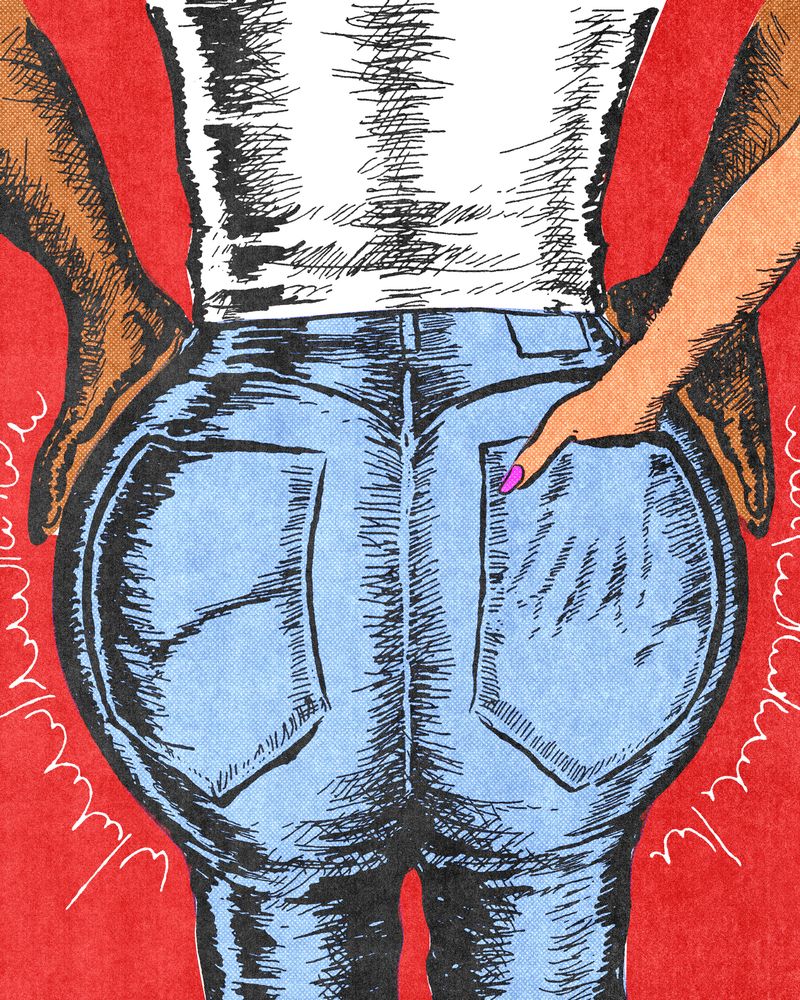 Image may contain: Clothing, Pants, Jeans, Art, Painting, Adult, and Person