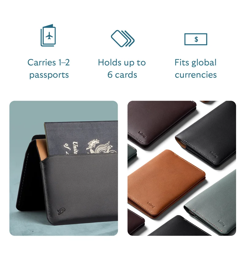 Carries 1–2 passports Holds up to 6 cards Fits global currencies