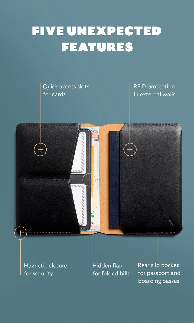 Five unexpected features Hidden pocket with RFID protection Rear slip pocket for passport and boarding passes Quick access slots for cards Hidden flap for folded bills Magnetic closure for security