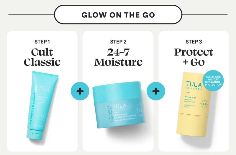 Glow on the go. Step 1: Cult Classic Step 2: 24-7 Moisture Step 3: Protect + Go (Convenient, portable, on-the-go protection.)