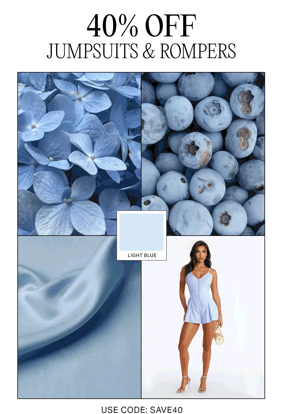 Model in a light blue romper, blue hydrangeas, berries, and satin fabric for 40% off jumpsuits & rompers. Shop with code discount code.
