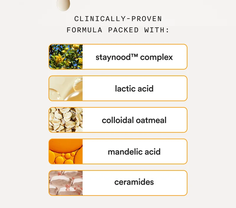 Clinically-Proven Formula Packed With: stayNood™ complex, lactic acid, colloidal oatmeal, mandelic acid, ceramides