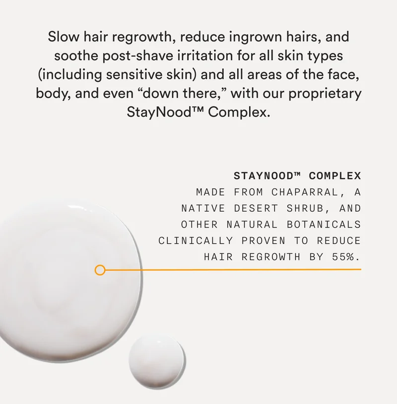 Slow hair regrowth, reduce ingrown hairs, and soothe post-shave irritation for all skin types (including sensitive skin) and all areas of the face, body, and even “down there,” with our proprietary StayNood™ Complex. - StayNood™ Complex: Made from chaparral, a native desert shrub, and other natural botanicals clinically proven to reduce hair regrowth by 55%.