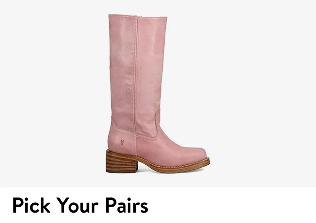 A pink boot, brown slide sandal, white sneaker and silver mary jane flat.