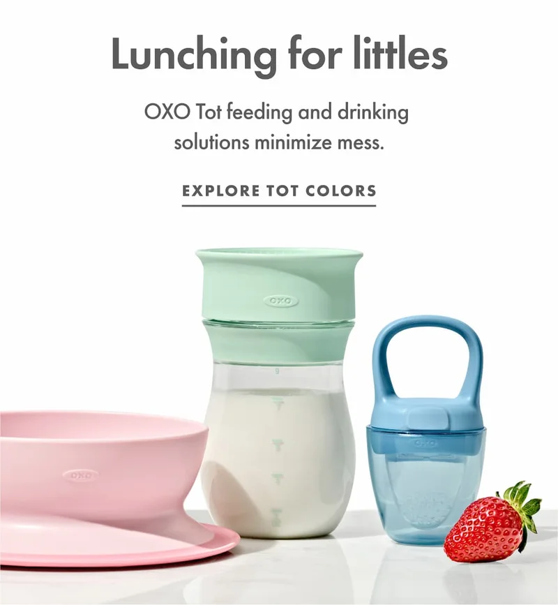 Lunching for littles. OXO Tot feeding and drinking  solutions minimize mess.  | EXPLORE TOT COLORS