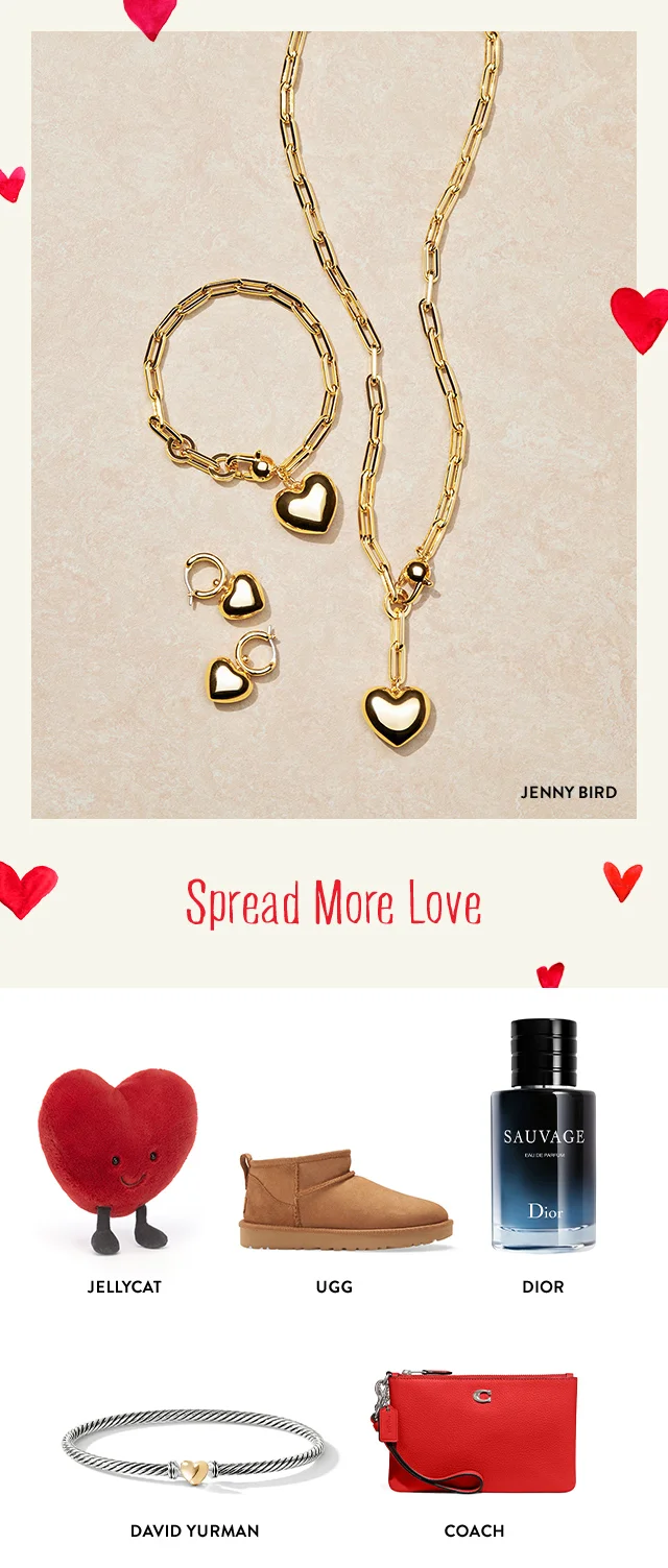Jenny Bird gold heart jewelry set. Jellycat heart plush toy, UGG ultrashort boot, Dior Sauvage fragrance, David Yurman heart bracelet, Coach leather wristlet.
