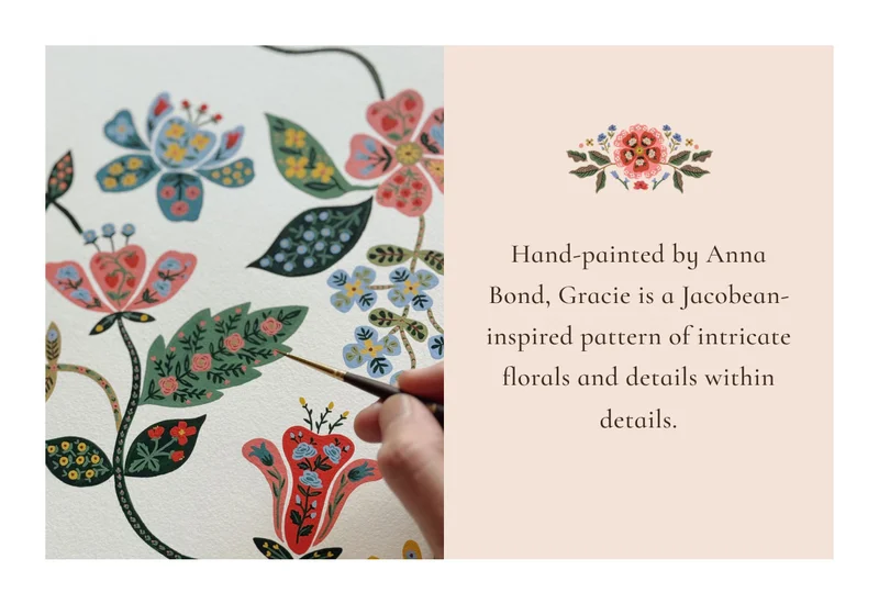 Hand-painted by Anna Bond, Gracie is a Jacobean-inspired pattern of intricate florals and details within details.
