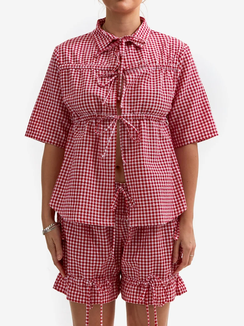 Image of S-BA Collared Seersucker Shirt - Red Gingham
