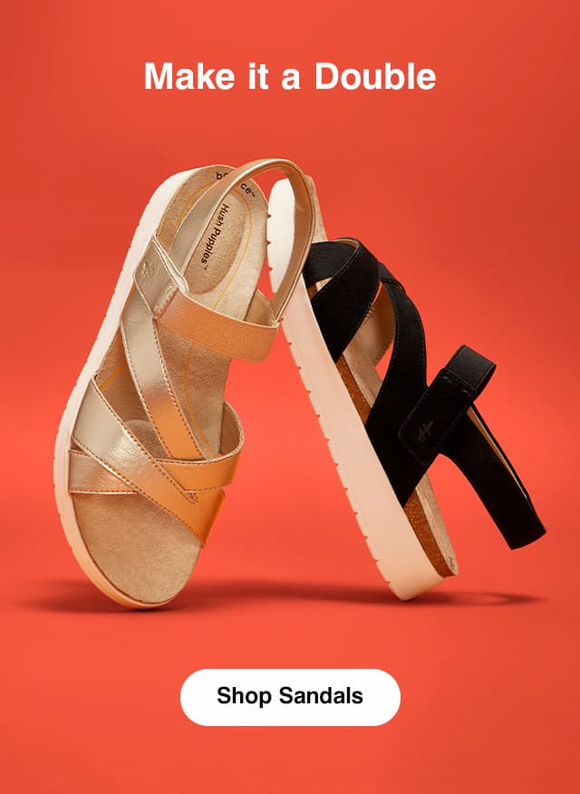 The strappy Savoy Sandal in metallic Champagne and Black suede. The emails says Make it a Double. Shop Sandals.