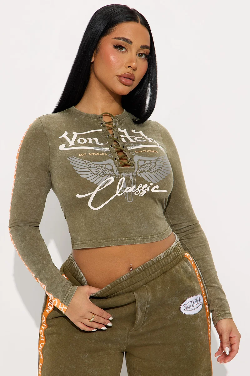 Image of Von Dutch Washed Lace Up Top - Olive