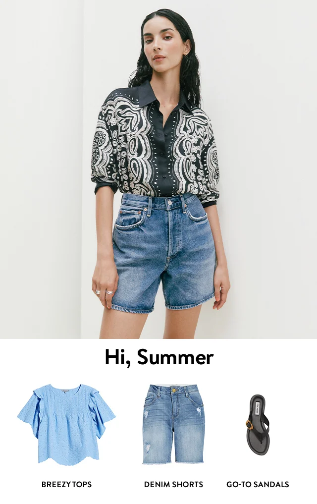 A woman wearing a paisley top and denim shorts. An eyelet top. Cutoff denim shorts. A flip-flip with a buckle accent.
