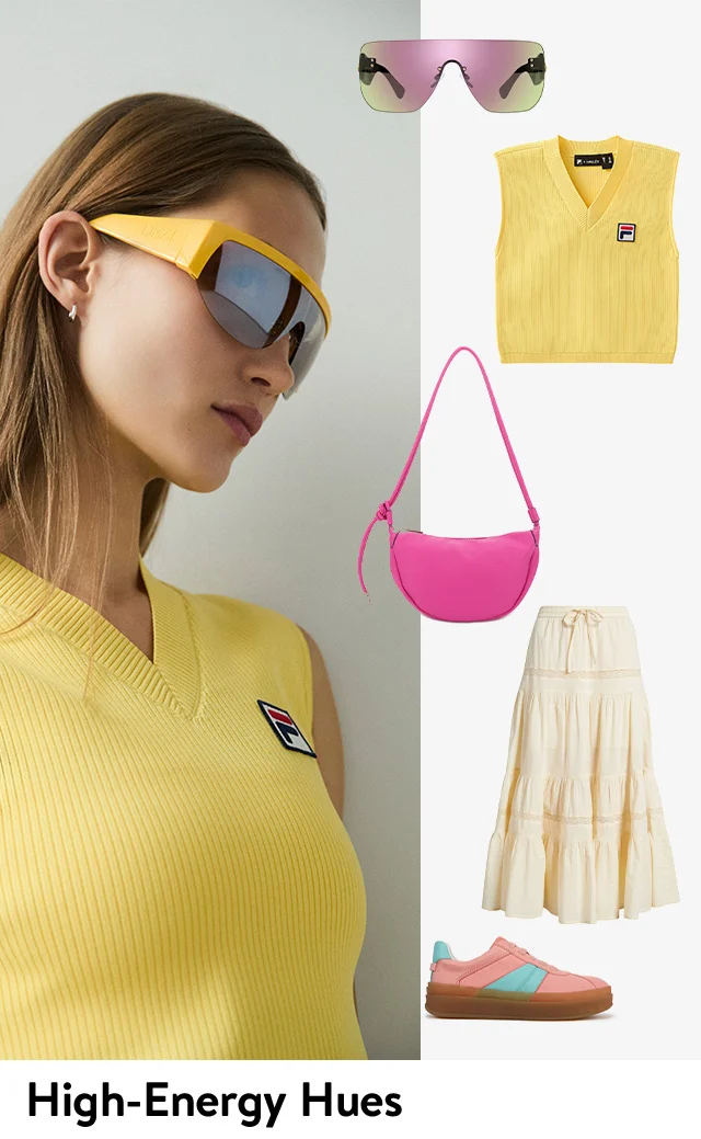 A woman wearing yellow sunglasses and a sporty yellow top. An assortment of brightly colored clothing, shoes and accessories.
